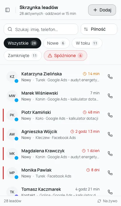 Skrzynka zapytań na telefonie: lista zgłoszeń z licznikami czasu i przyciskiem połączenia
